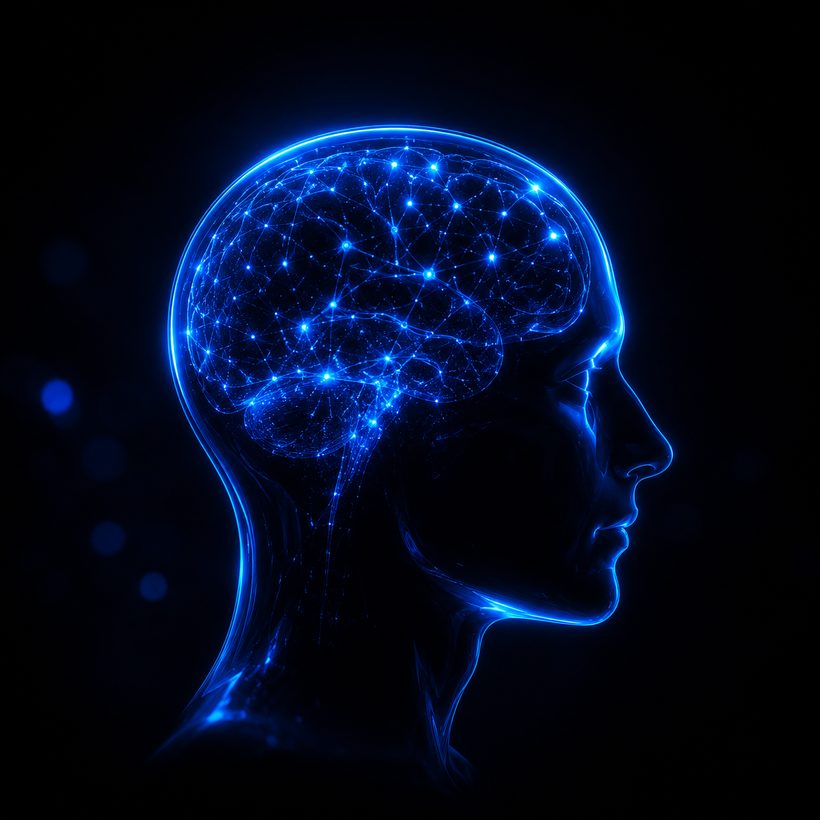 Glowing neural pathways in a human head
