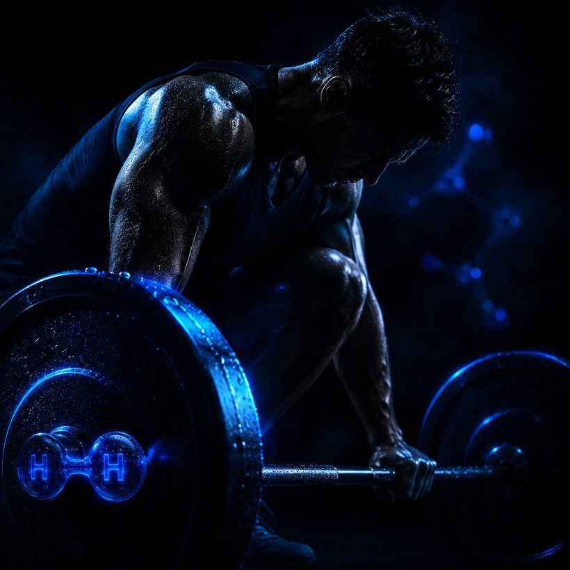 Athlete lifting a barbell marked with the H2 molecule